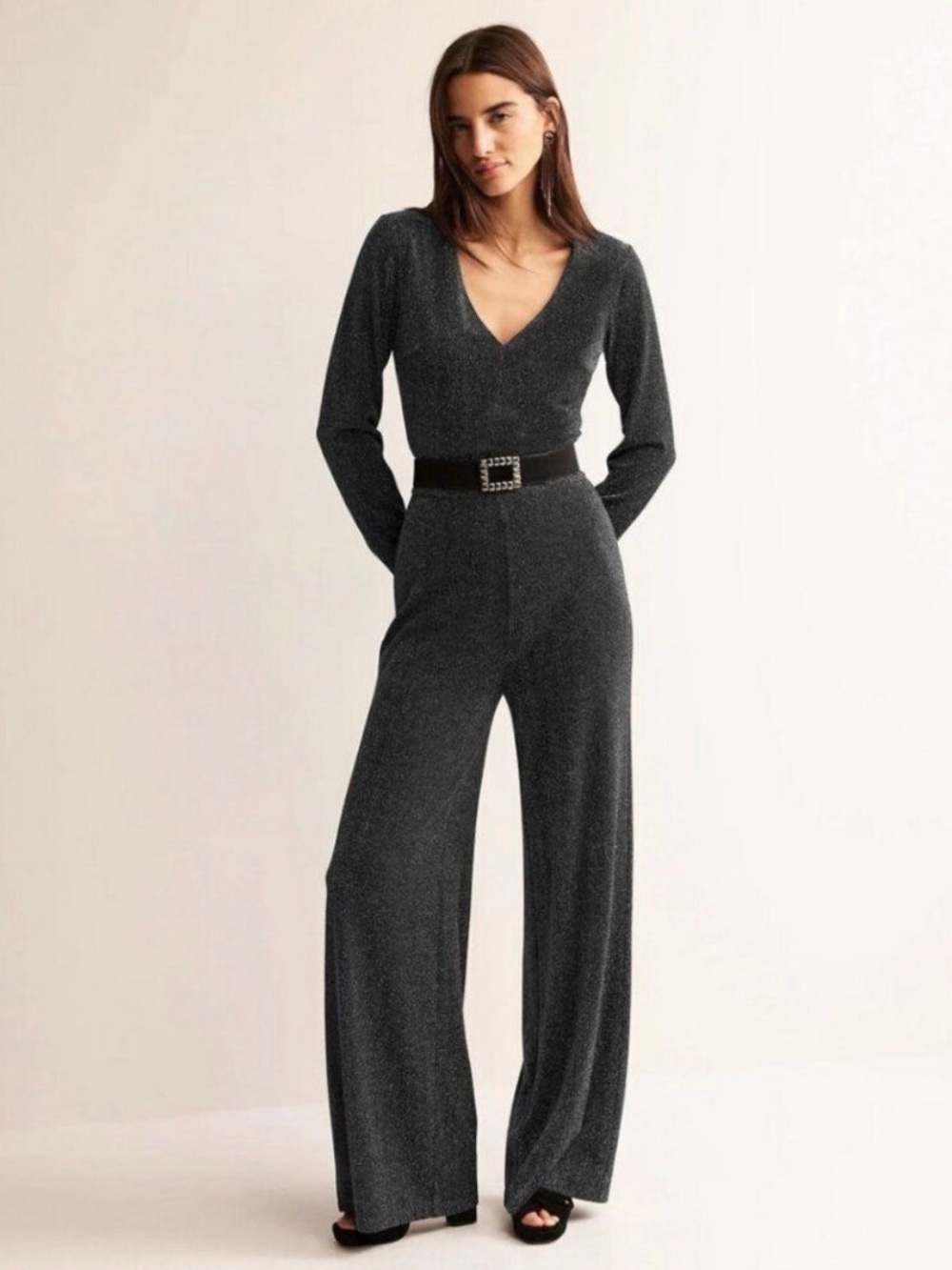 NWT Boden Women's Black Metallic Plunge Jumpsuit Wide Leg V Neck